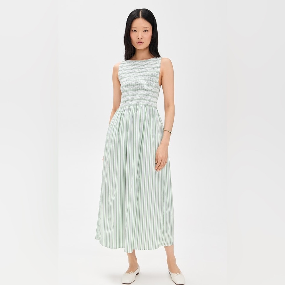 Hill House Cosmina Mint Green and White Striped Sleeveless Maxi Dress